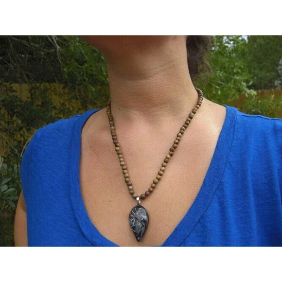 Handblown Glass Pendant On 20” Wooden Bead Necklace Boho Style Artisan Made 2008 - Picture 16 of 16